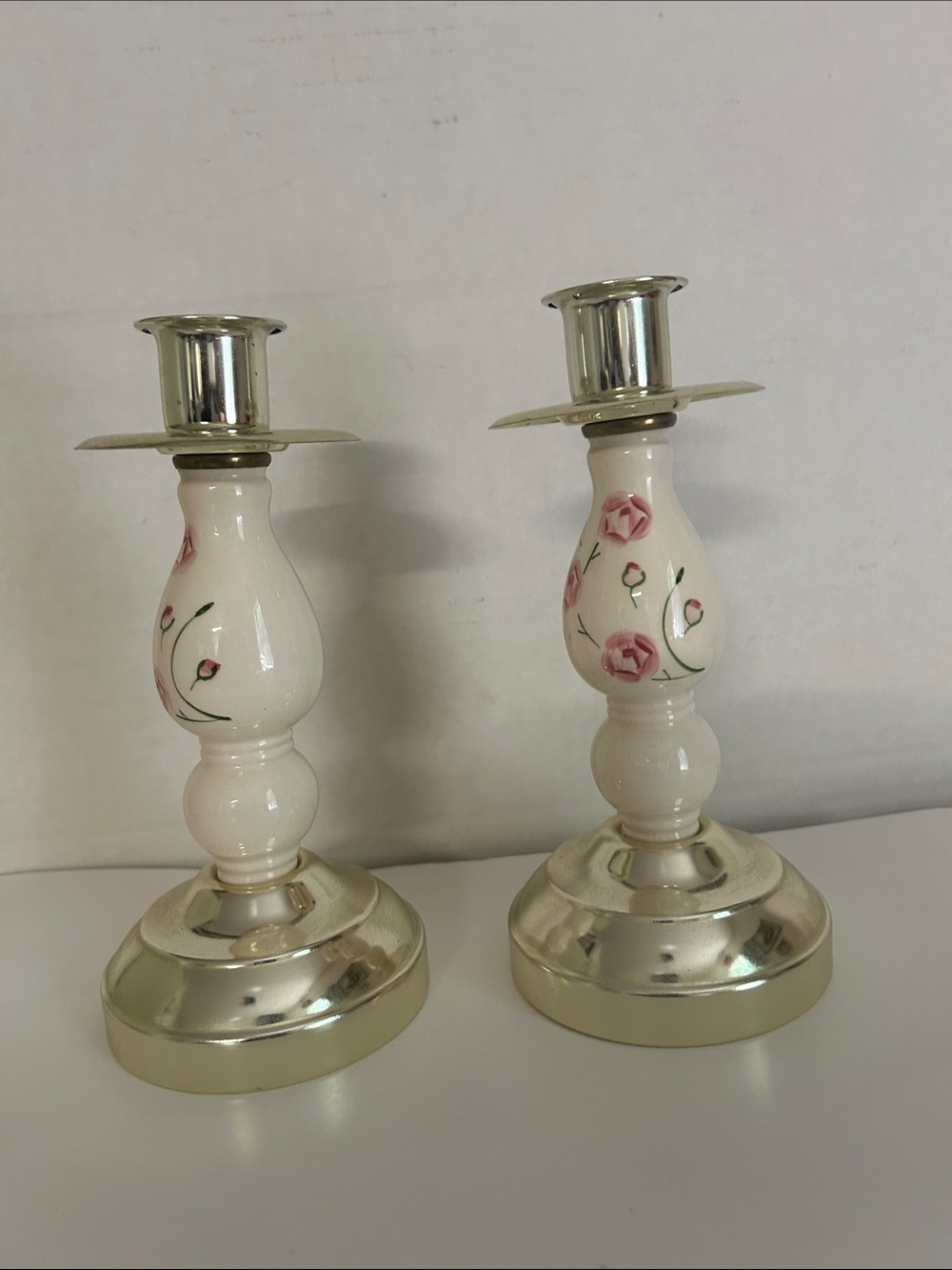 Hand-Painted Floral Ceramic Vintage Pair - White with Pink Roses Home Interior